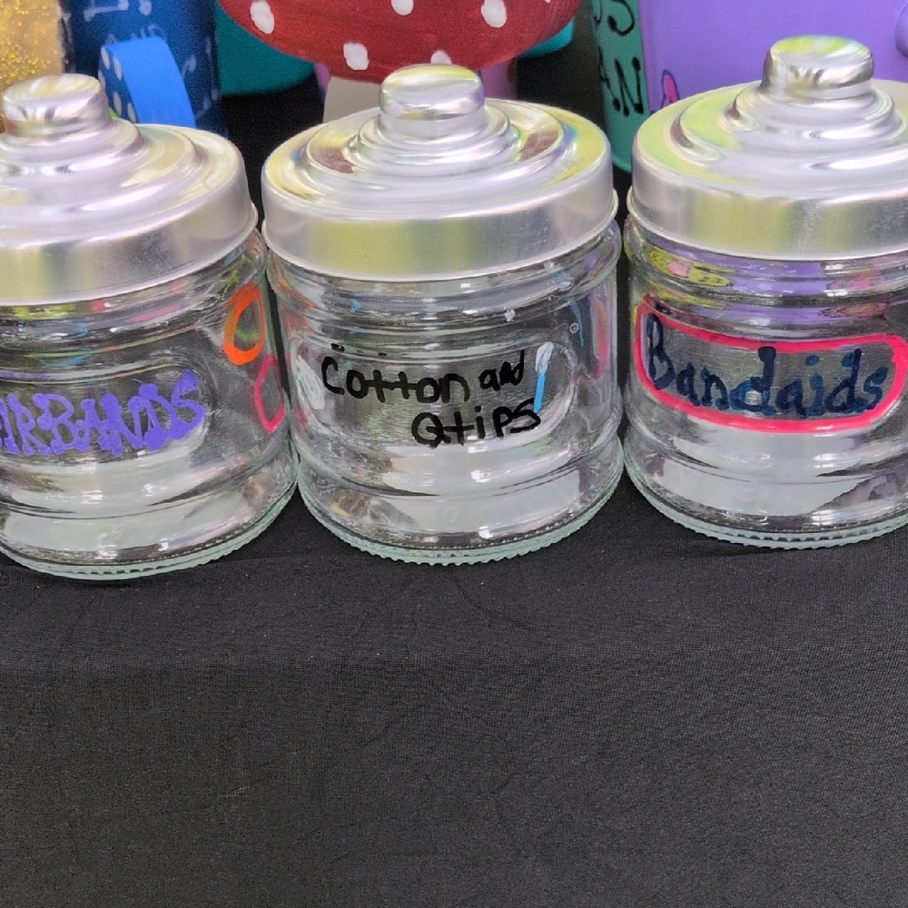 Silver-Topped Glass Storage Jars Set- Hand Painted.